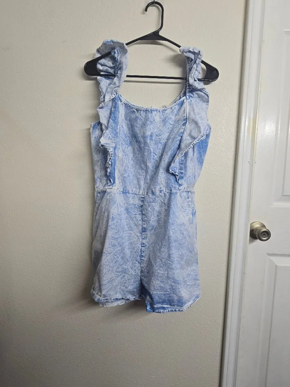 Light Blue Ruffled Strap Romper Acid Wash Sleeveless Shorts Romper